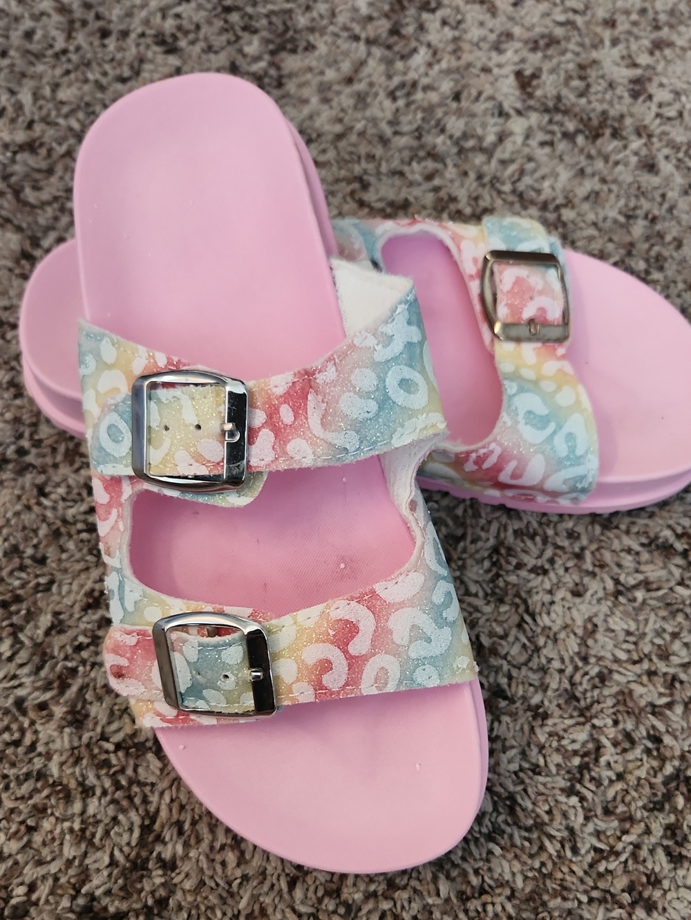 Capelli Kids Pink Rainbow Print Slide Sandals with Buckles SZ 1/2